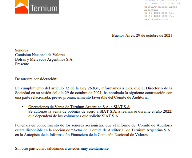 Contrato TXAR con parte relacionada TENARIS SIAT S.A..png