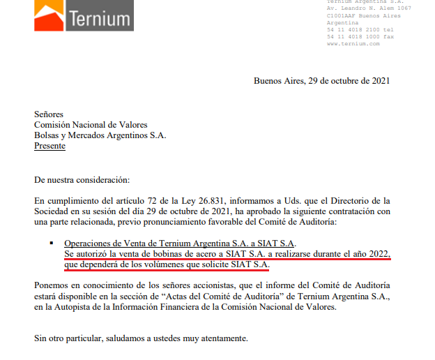 Contrato TXAR con parte relacionada TENARIS SIAT S.A..png
