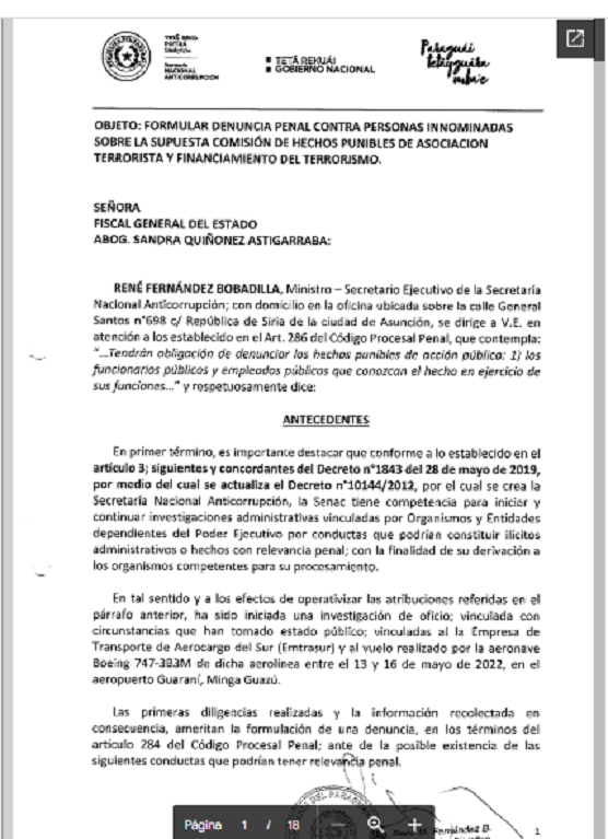 Denuncia del ministro de la Secretaría Nacional Anticorrupción de Paraguay, René Fernández,.png